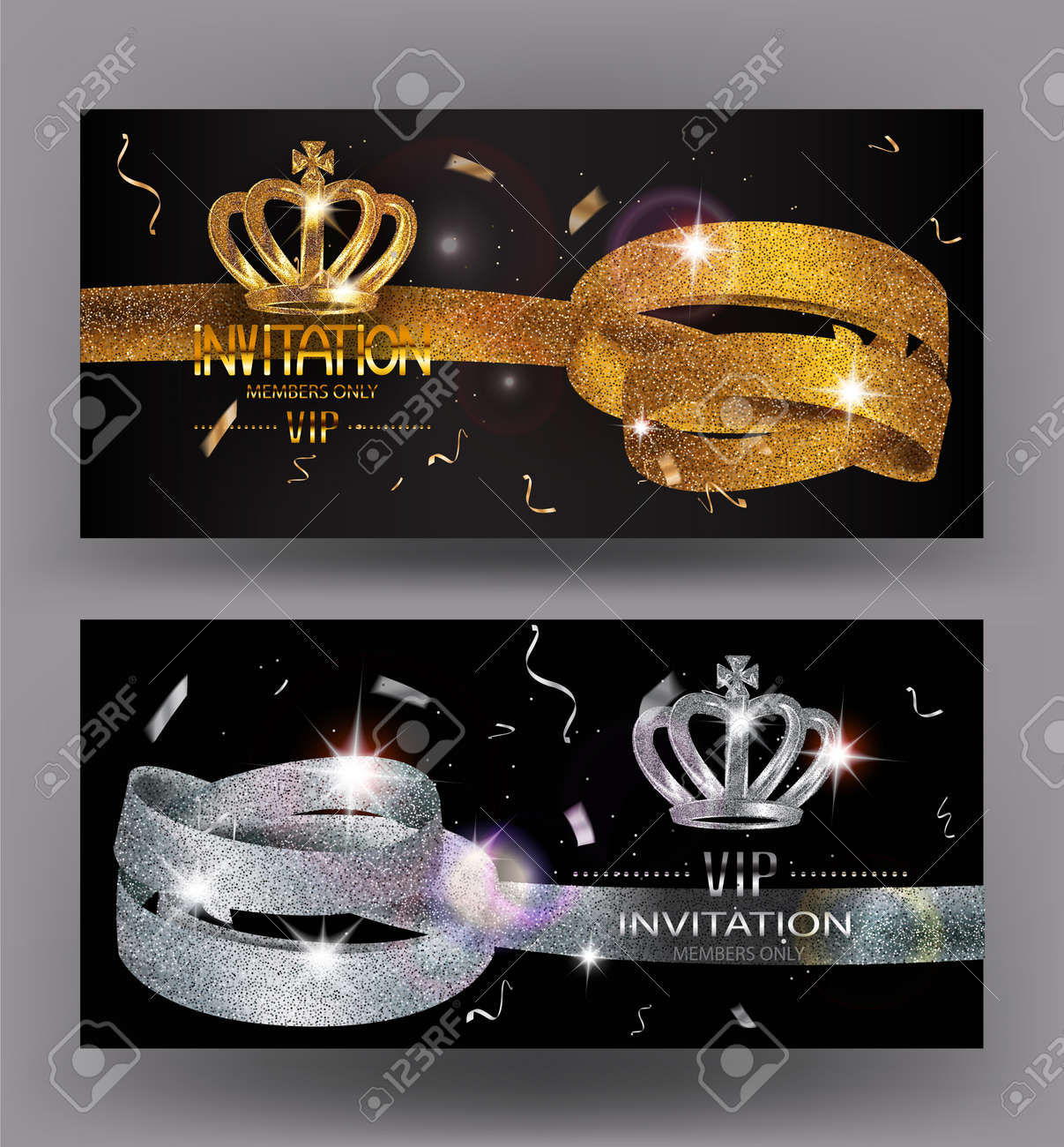 Vip Invitation Gold And Silver Card With Sparkling Curly Ribbons Royalty Free Cliparts Vectors And Stock Illustration Image