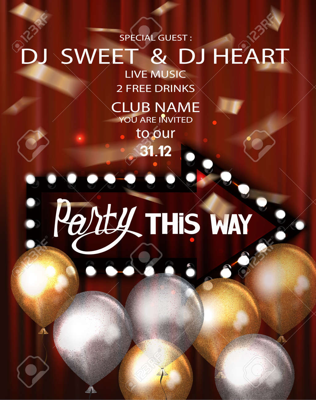 Party Invitation Banner With Theater Curtains Air Balloons And