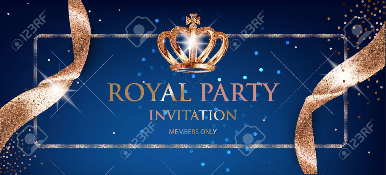 ベージュの輝くリボンと王冠を持つエレガントなロイヤルパーティー招待状 ベクトルイラストのイラスト素材 ベクタ Image