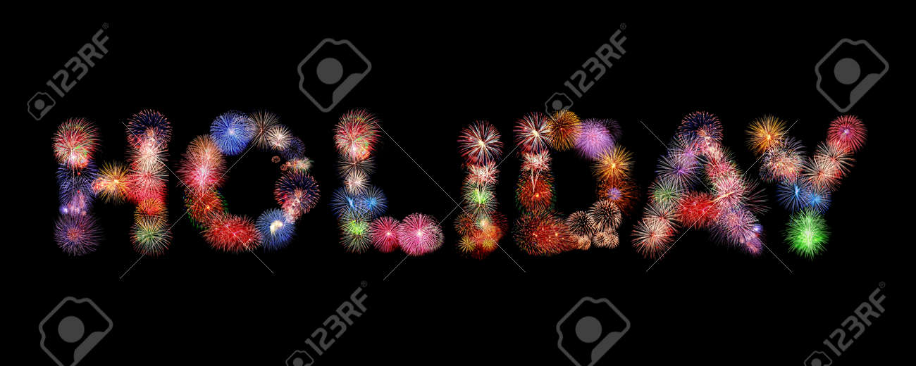 holiday word colorful fireworks text isolated on black background word fireworks