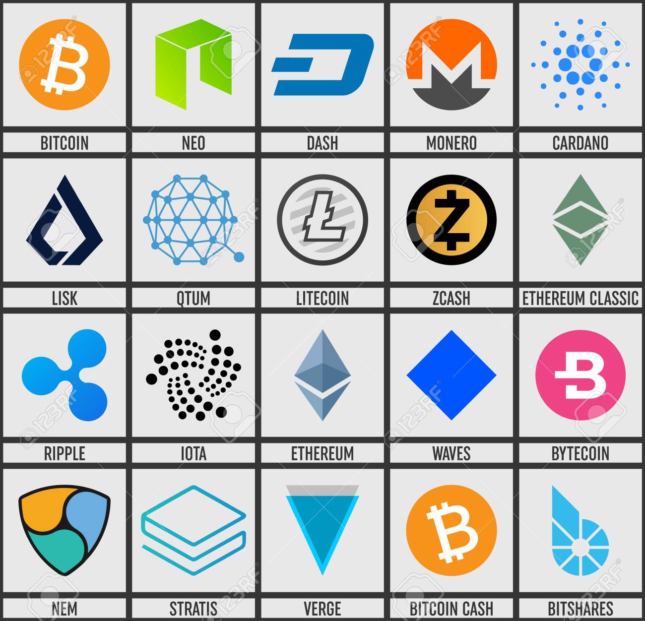 透明な背景に分離された人気の暗号通貨ブロックチェーンコイン セットの創造的なベクトルイラスト。アートデザイン暗号通貨アイコン、シンボル。抽象的な概念のグラフィックビットコイン要素。のイラスト素材・ベクター  Image 104532451