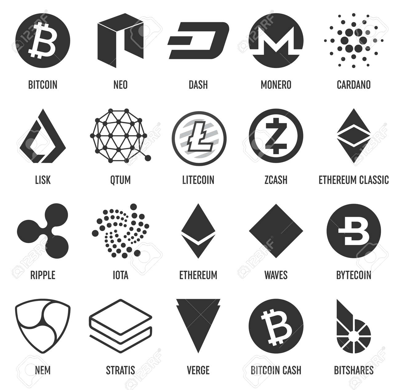 透明な背景に隔離された人気の暗号通貨ブロックチェーンコイン セットの創造的なベクトルイラスト。アートデザインの暗号通貨アイコン、シンボル。抽象的な概念グラフィックビットコイン要素。のイラスト素材・ベクター  Image 104532488