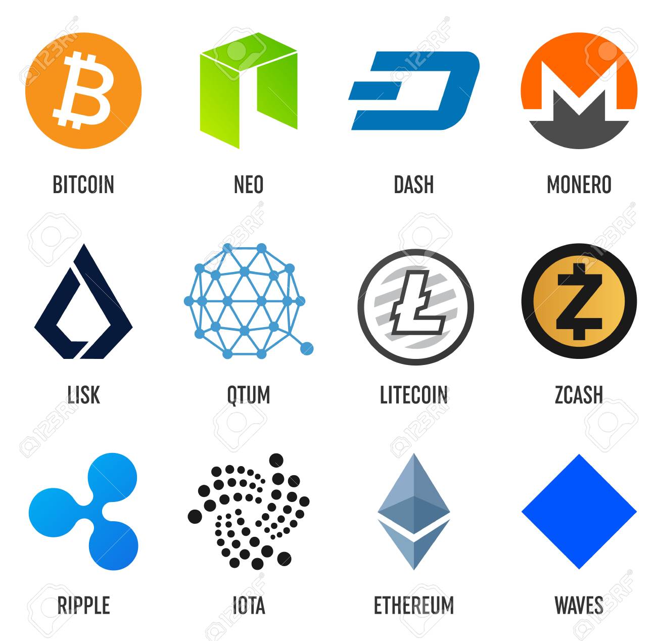 투명 한 배경에 고립 된 인기있는 암호 화폐 블록 체인 동전 세트의 크리에이 티브 벡터 일러스트 레이 션. 아트 디자인 암호 화폐  아이콘, 기호입니다. 추상 개념 그래픽 Bitcoin 요소입니다. 로열티 무료 사진,