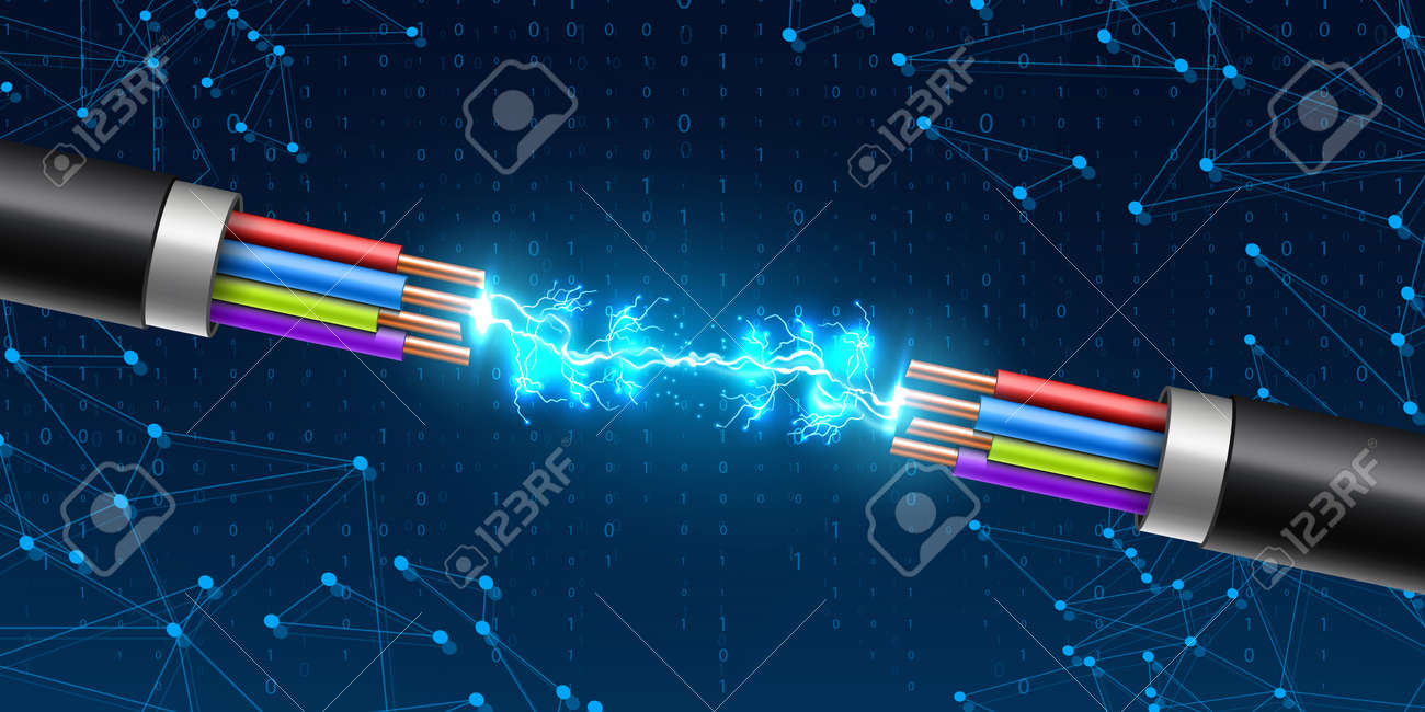Creative vector illustration of electric glowing lightning between colored break cable, copper wires with circuit sparks isolated on transparent background. Art design. Abstract concept element. - 117646973 Creative vector illustration of electric glowing lightning between colored break cable, copper wires with circuit sparks isolated on transparent background. Art design. Abstract concept element. - 117646973
