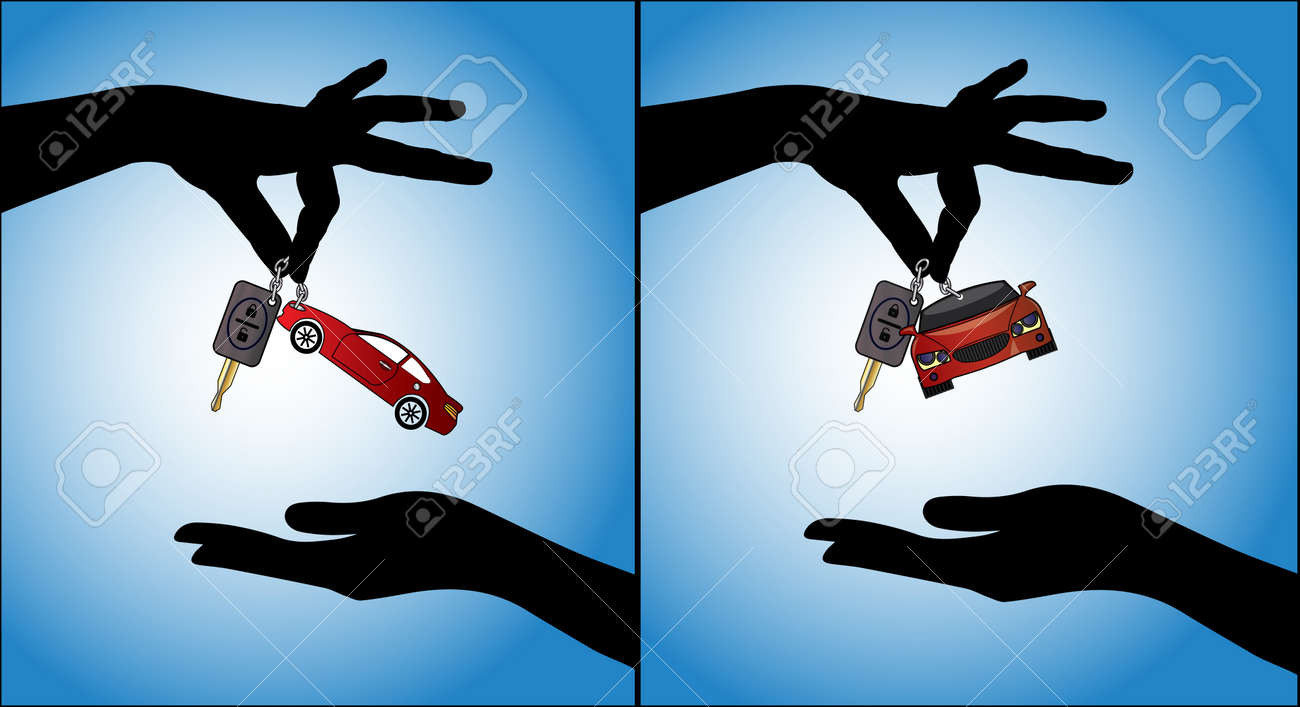 Two different illustrations of Human hands exchanging modern car keys with automatic locking system and red car symbol - 17885049 Two different illustrations of Human hands exchanging modern car keys with automatic locking system and red car symbol - 17885049