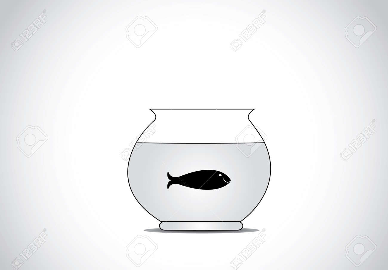 ガラス水槽ボウル コンセプトで単一の黒い幸せな魚が幸福 イラストで暗い笑みを浮かべて水生魚スイミングと透明な金魚鉢をデザインします のイラスト素材 ベクタ Image