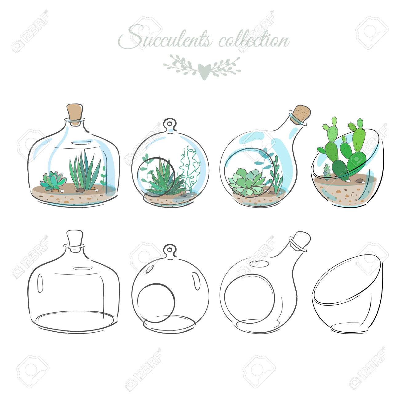 ガラスの花瓶や瓶 背景花イラストで多肉植物と花の装飾的な組成のセット のイラスト素材 ベクタ Image