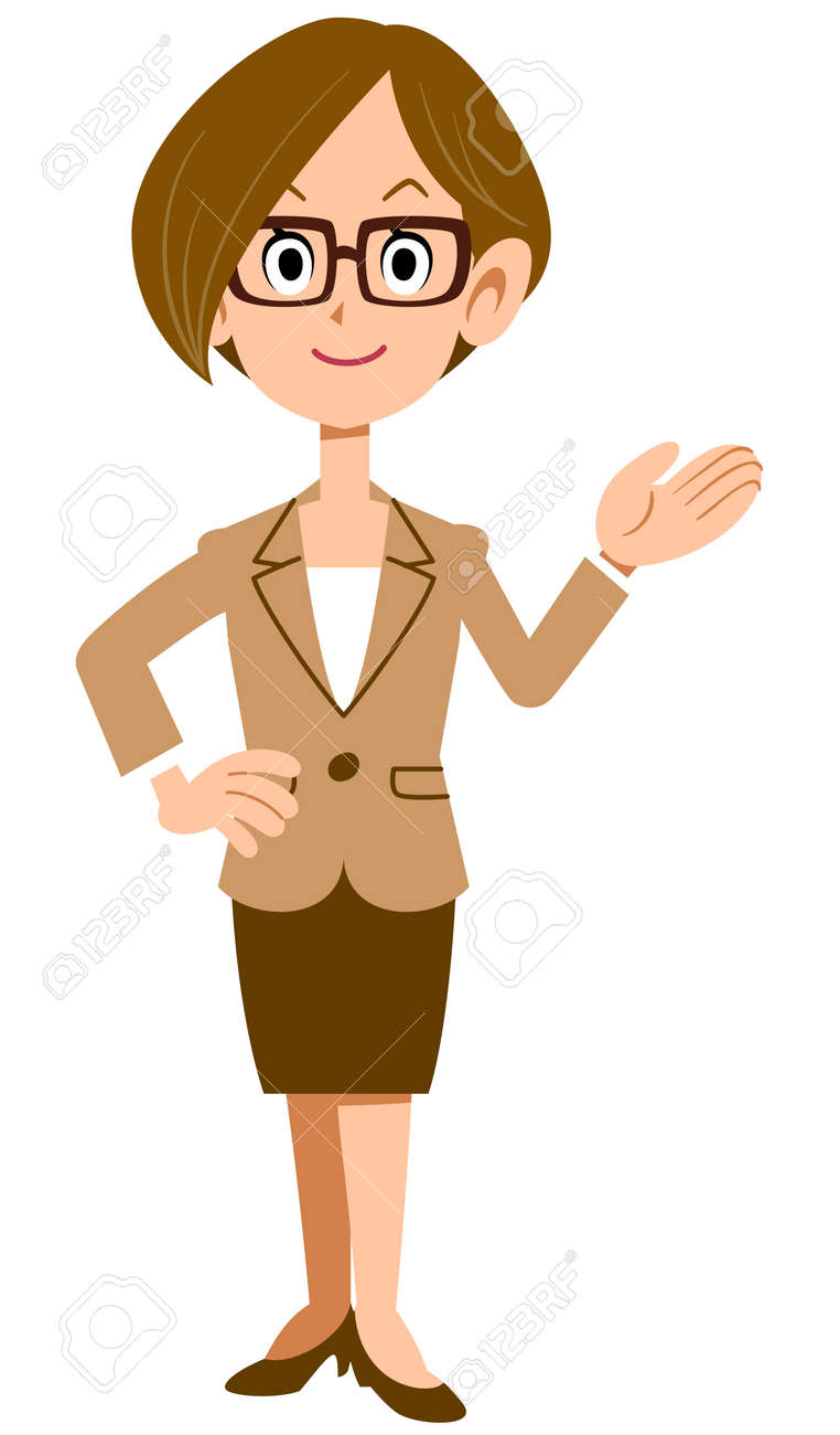 スーツと眼鏡を身に着けている女性を紹介するには のイラスト素材 ベクタ Image