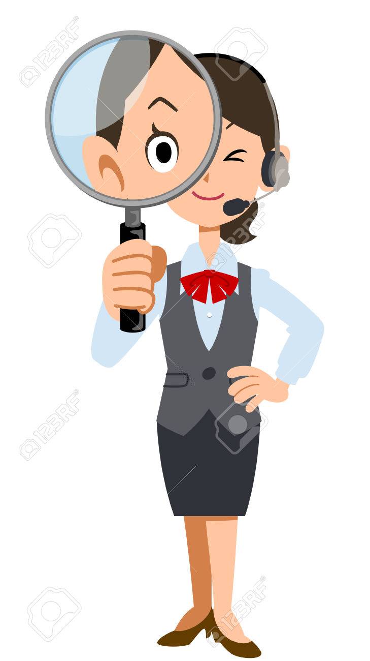 虫眼鏡でヘッドセットを着ている女性社員のイラスト素材 ベクタ Image