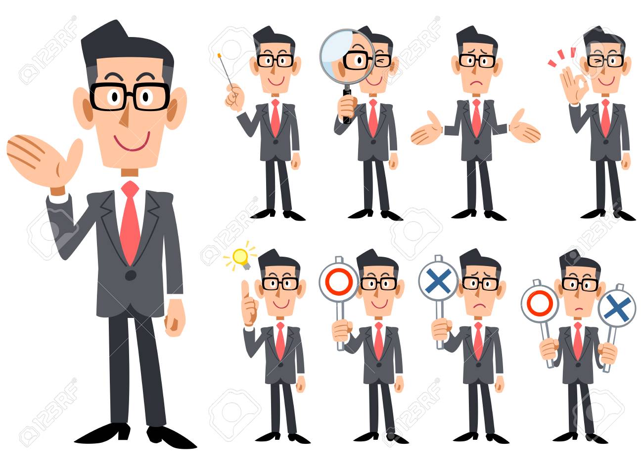 Gestures and expressions of glasses-worn businessmen wearing red tie and gray suit - 104603286 Gestures and expressions of glasses-worn businessmen wearing red tie and gray suit - 104603286