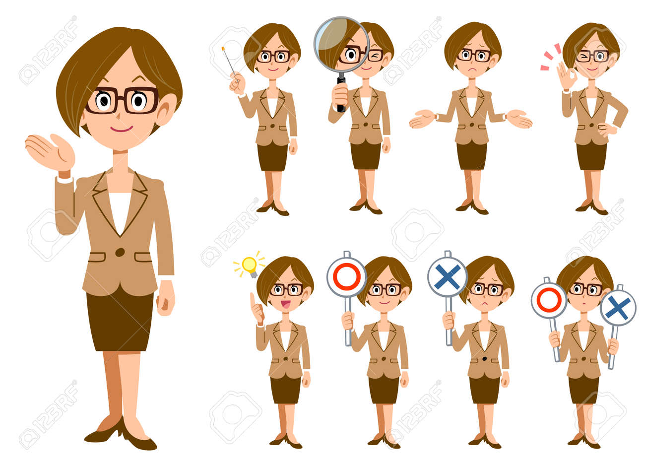 working women with eyeglasses 9 gestures and expressions whole body