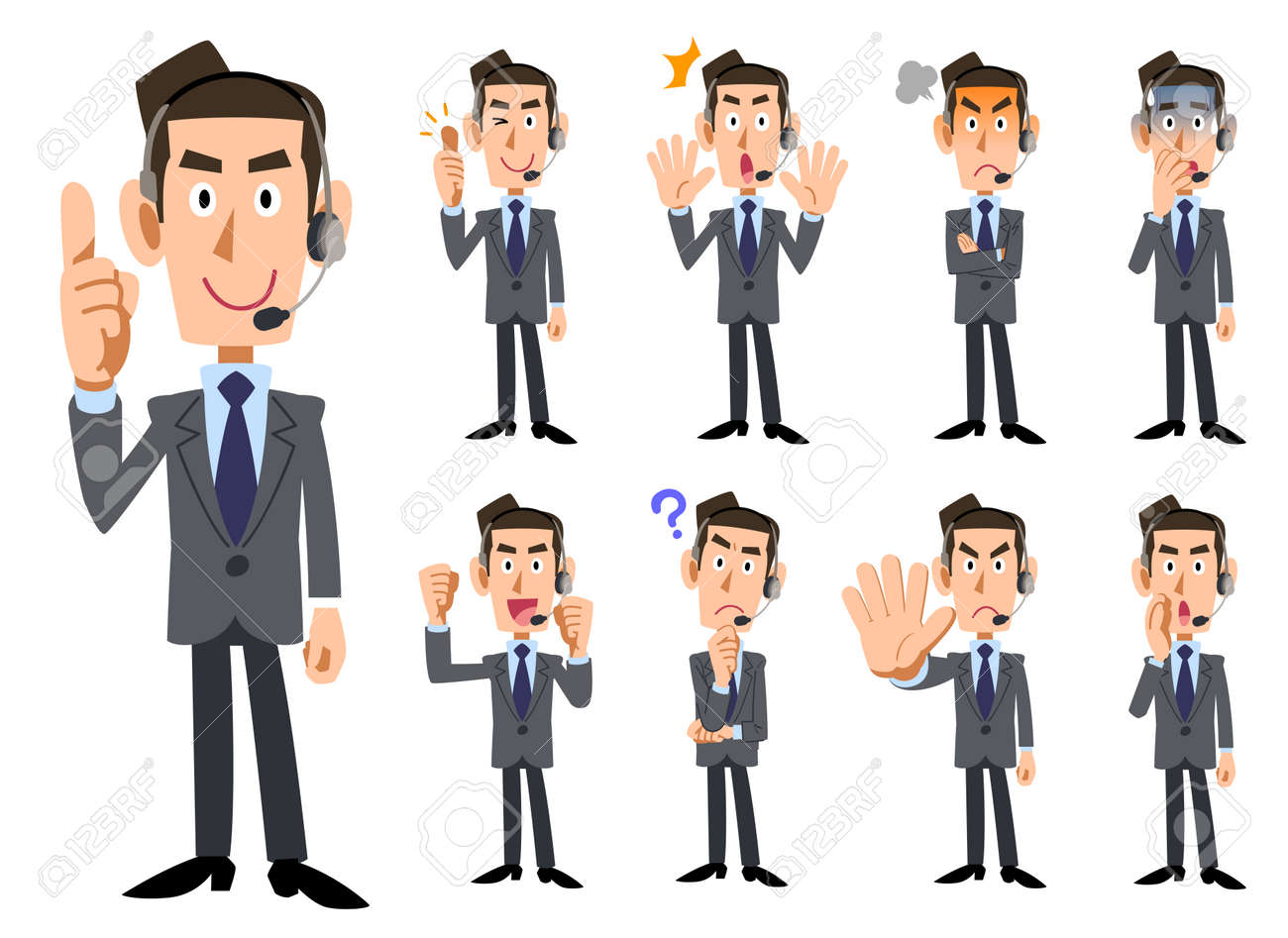 ヘッドセットを装着した男性オペレーターの9種類の表情とジェスチャー 全身のイラスト素材 ベクタ Image