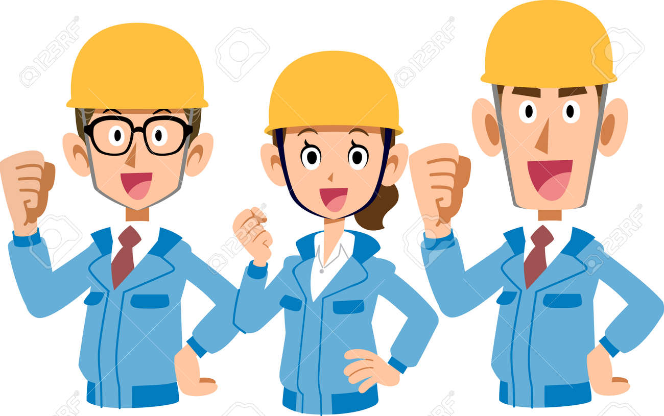 The Upper Body Of A Team Of Three Men And Women In Blue Work Clothes Working  At A Construction Site Royalty Free SVG, Cliparts, Vectors, and Stock  Illustration. Image 174310552., image size:1300x815