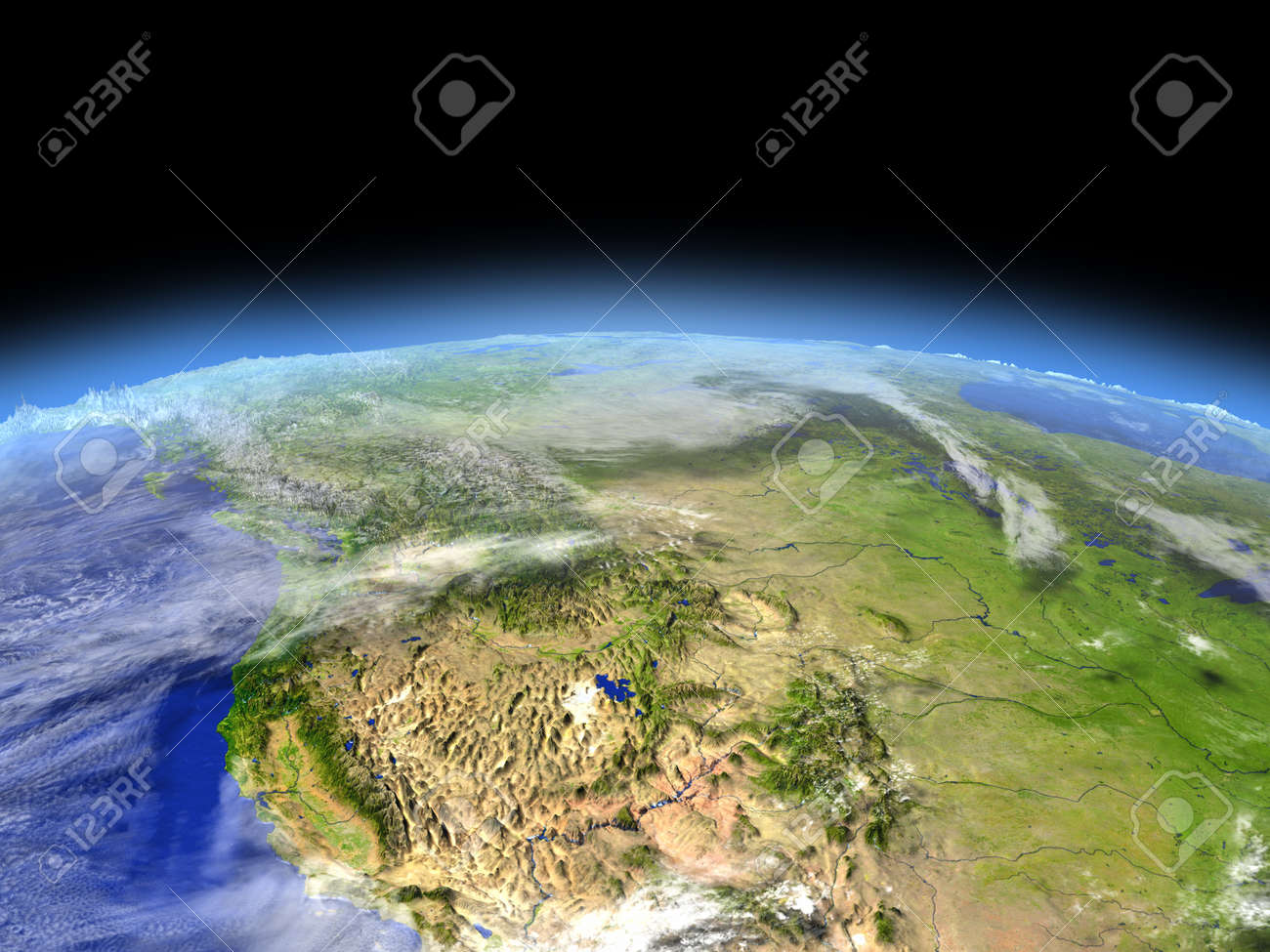 宇宙で地球の軌道からカリフォルニア 詳細な惑星の表面に 3 D のイラスト の写真素材 画像素材 Image