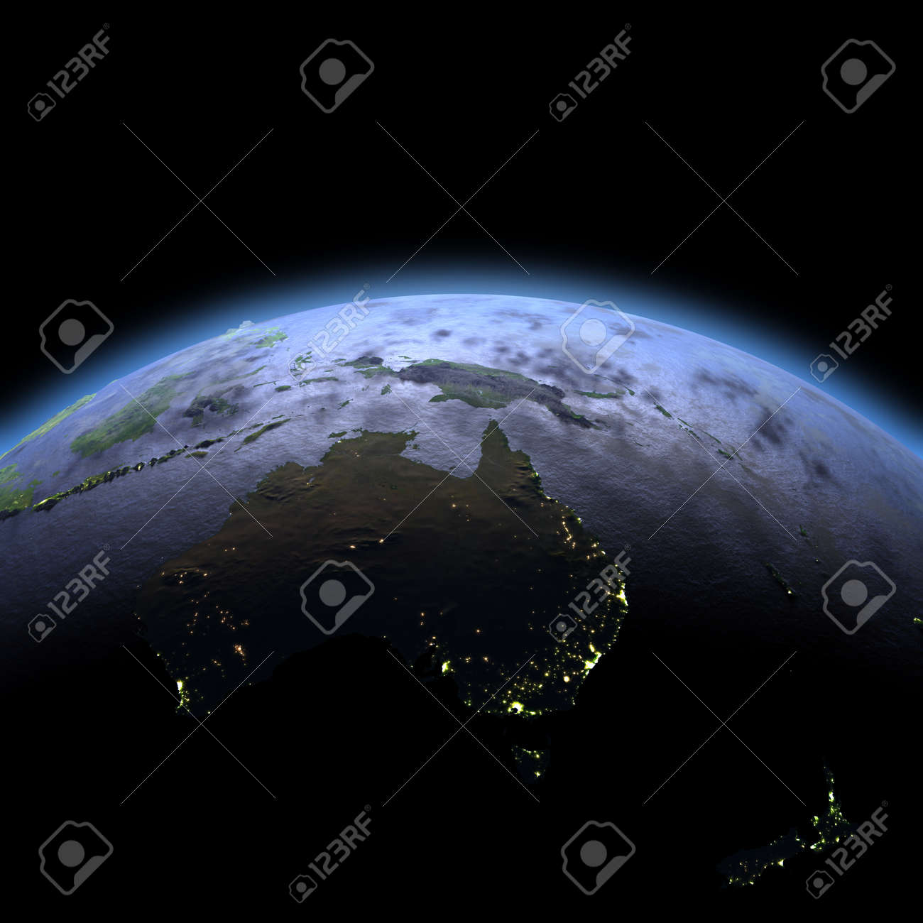 夜明けに暗闇の中でオーストラリア 詳細な惑星の表面 大気目に見える街の明かりと 3 D イラスト の写真素材 画像素材 Image