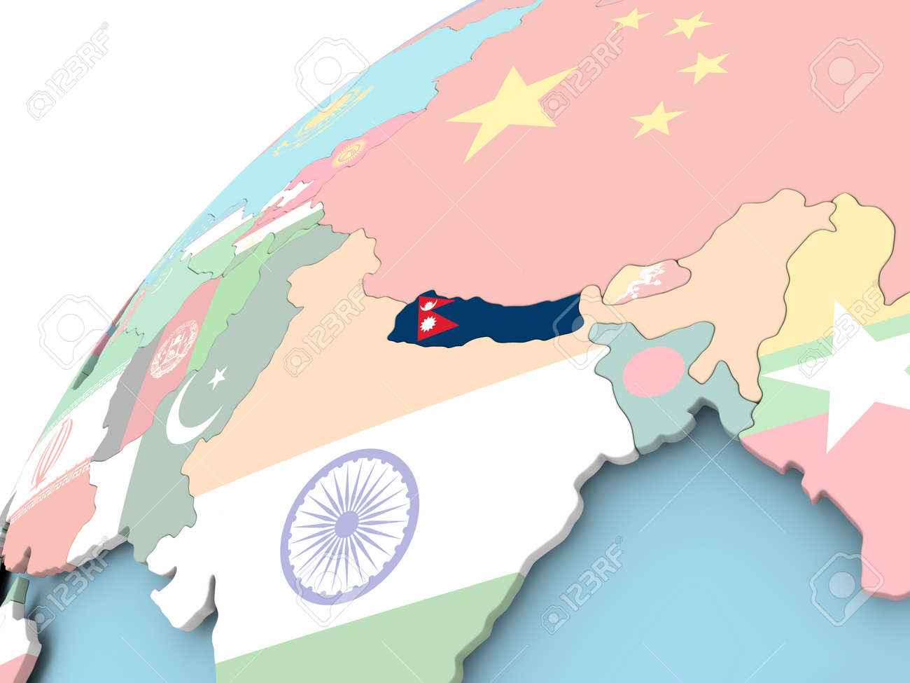 ネパールの埋め込みフラグと政治の世界地図 3 D イラスト の写真素材 画像素材 Image