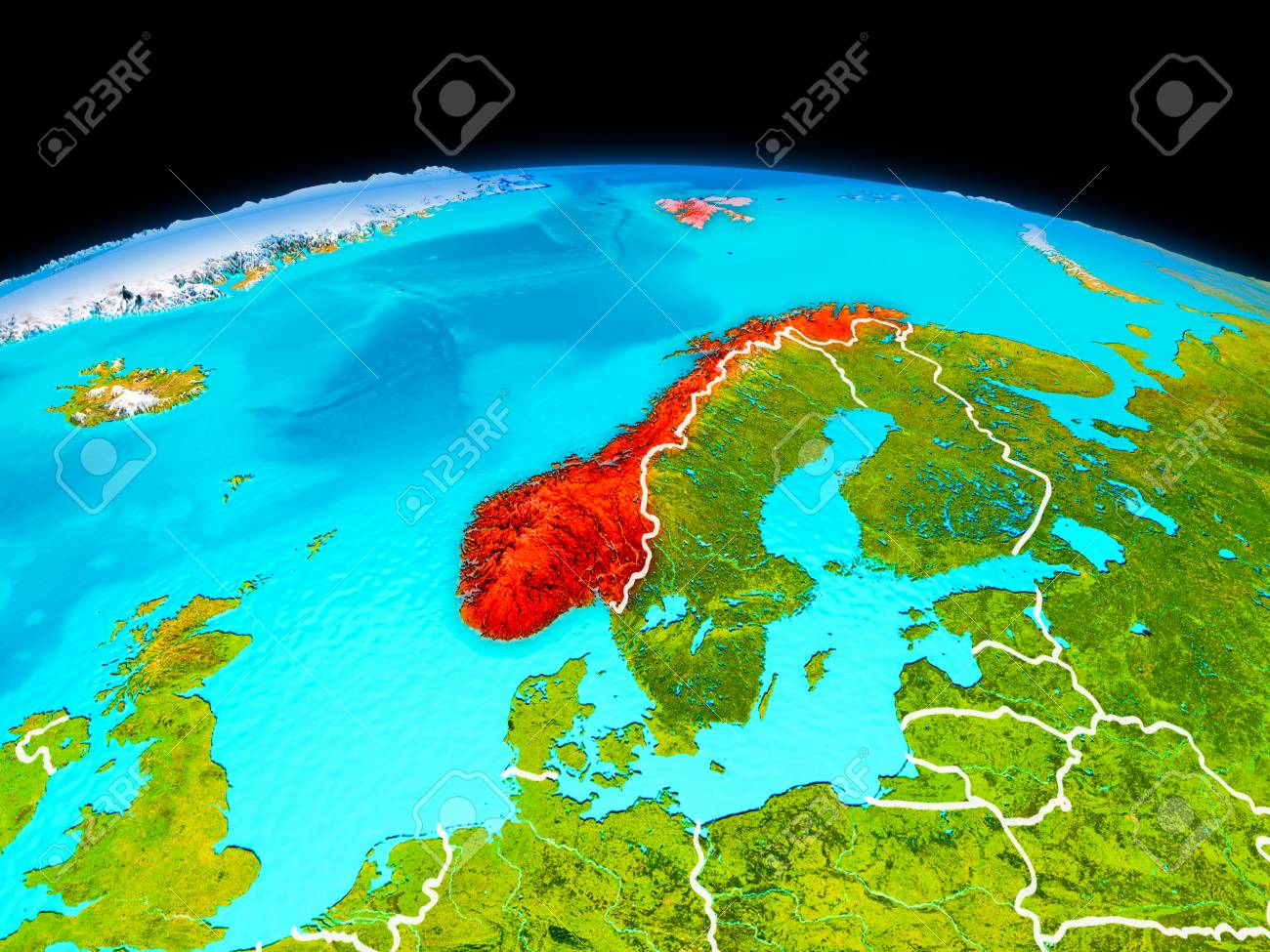 Satellite View Of Norway Highlighted In Red On Planet Earth With Borderlines 3d Illustration Stock Photo Picture And Royalty Free Image Image