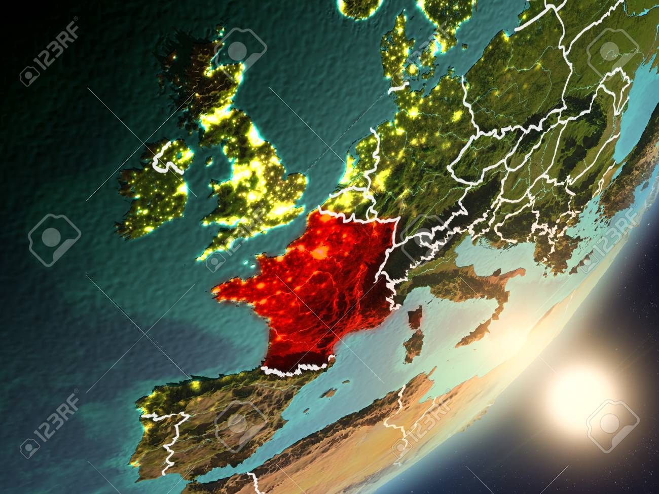 La France Vue De L Espace Avec Des Textures De Surface Tres Detaillees Et Des Frontieres De Pays Visibles Illustration 3d Banque D Images Et Photos Libres De Droits Image 97780270