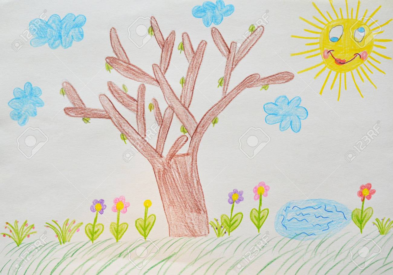 Child's Drawing, Summer Garden. Illustration Stock Photo, Picture and  Royalty Free Image. Image 101268616., image size:1300x912