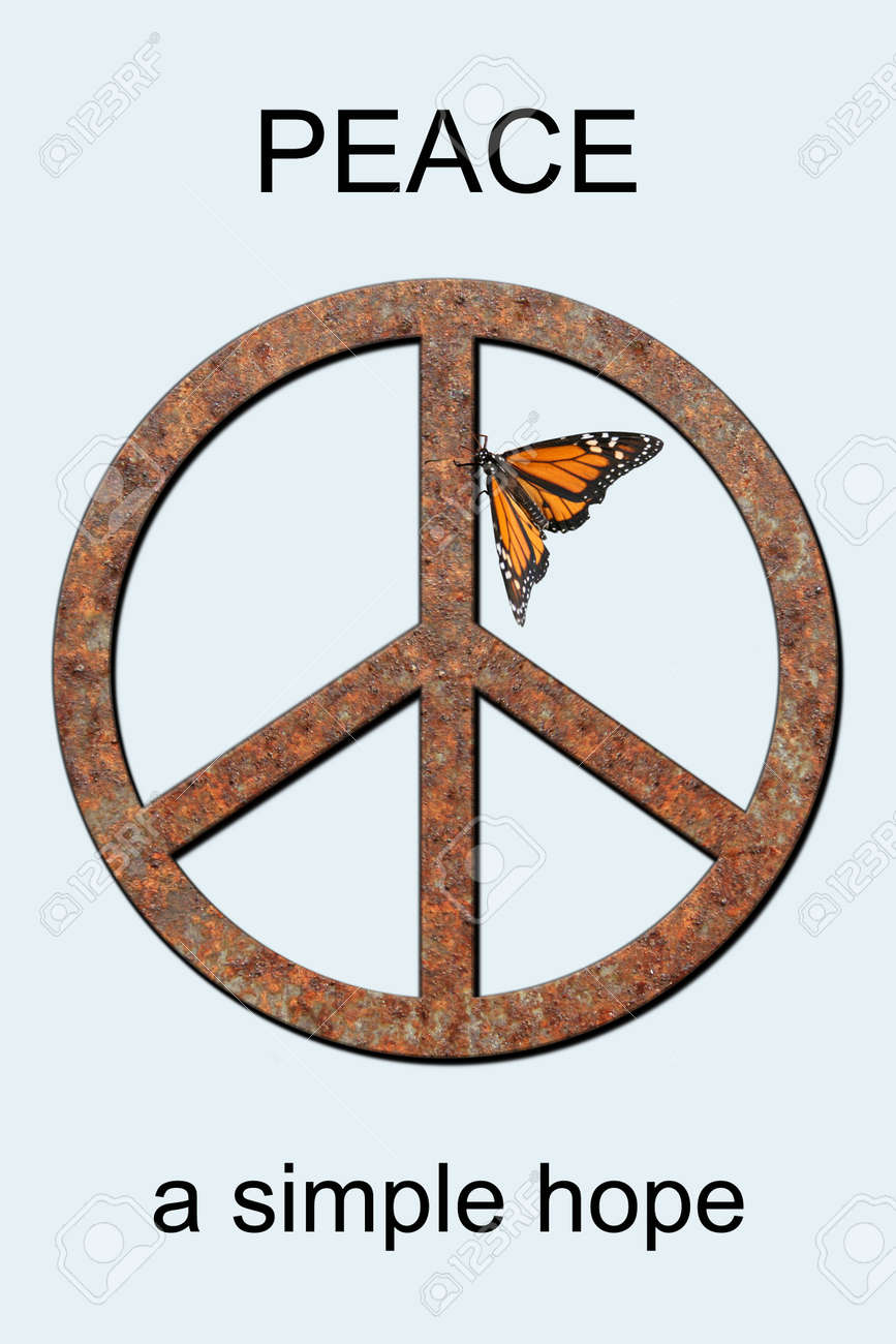 錆びた金属ピースマーク添付モナーク蝶と言葉平和単純な希望 の写真素材 画像素材 Image