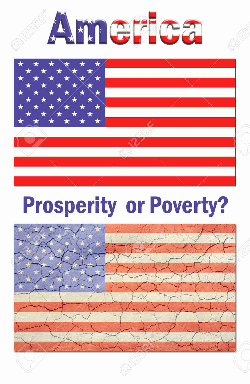 ポスターのスタイルは 見栄えの良い新しいアメリカの国旗 トップ ひびの入ったと高齢者の米国旗の下 アメリカの繁栄や貧困の言葉ですか の写真素材 画像素材 Image