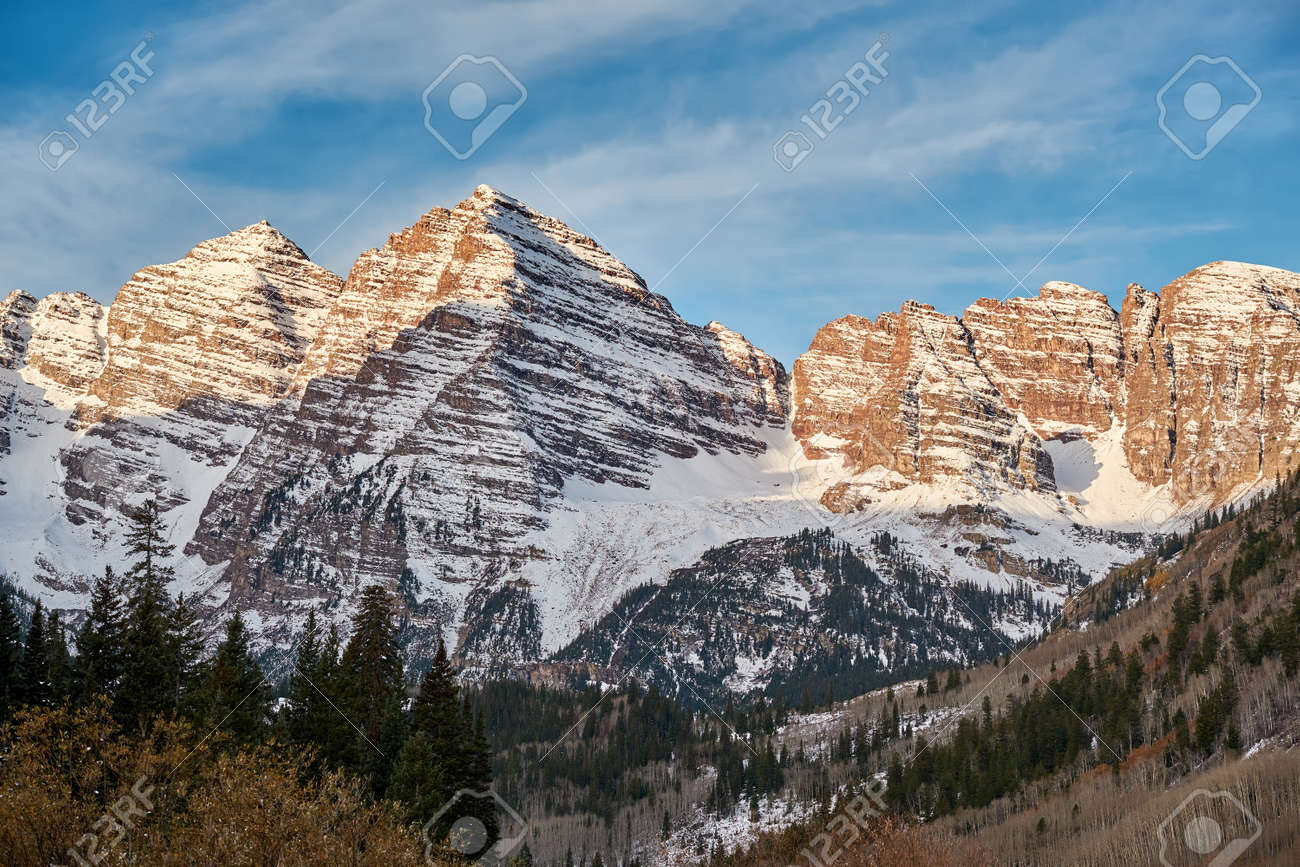 Maroon Bells Mountains In Snow At Sunrise In Colorado Rocky Mountains - 