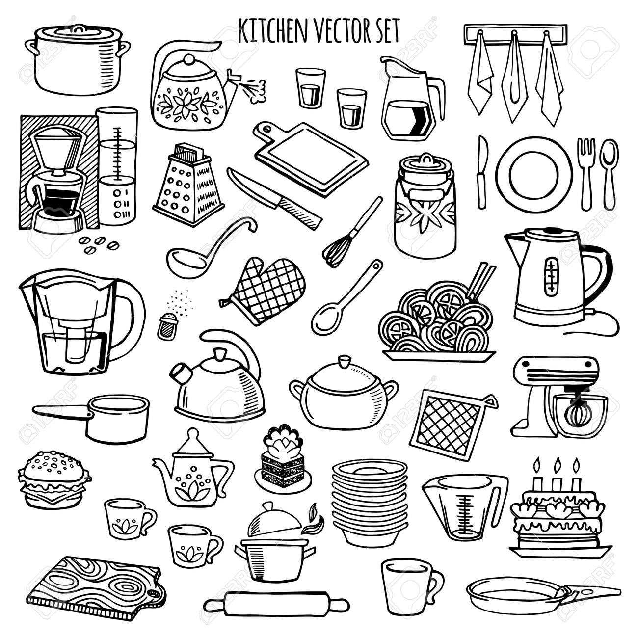 Utensilios De Cocina Y Electrodomesticos Iconos En Blanco Y Negro