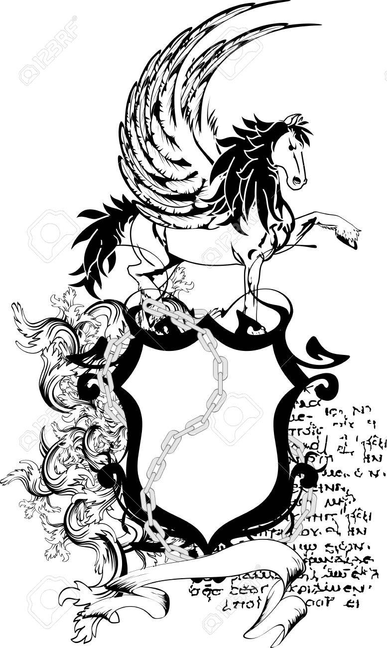 非常に簡単に編集するベクトル形式の紋章ペガサスの紋章付き外衣の紋章盾します のイラスト素材 ベクタ Image