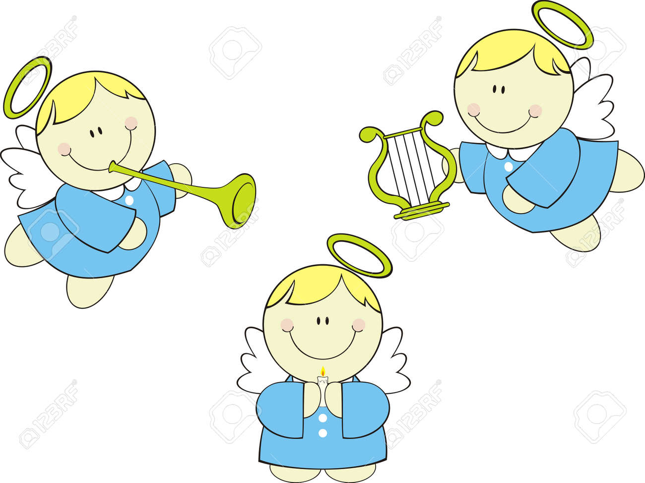 かわいい赤ちゃんのハープ トランペットとキャンドルの小さな天使ケルビムのイラスト素材 ベクタ Image