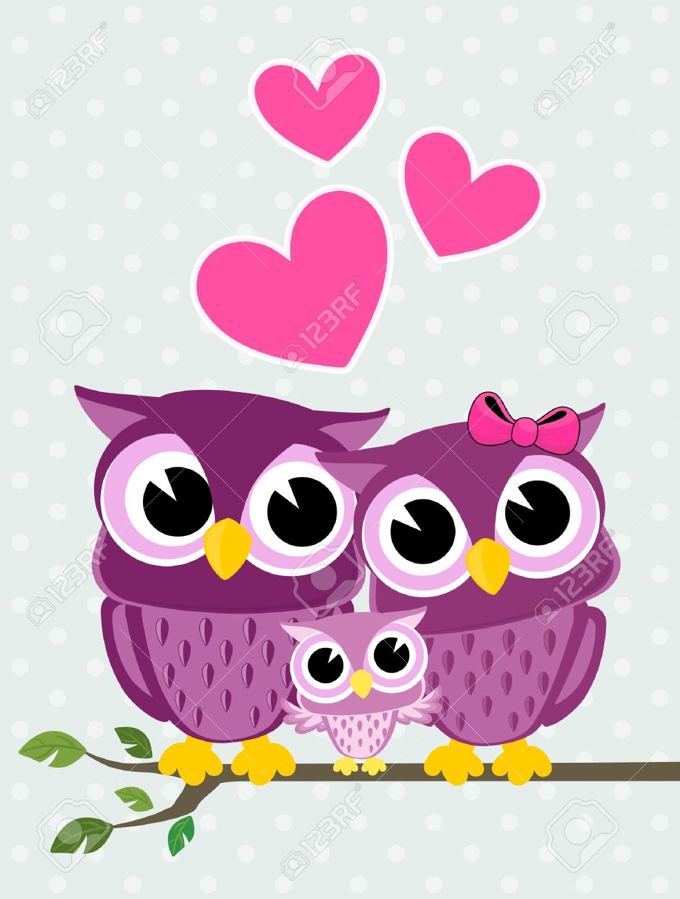 Cute Owls Couple With Baby Owl Sitting On A Branch Royalty Free