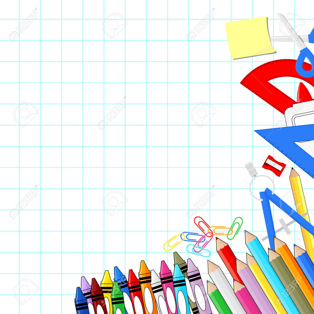 school supplies on white grid paper background individual objects school supplies graph paper