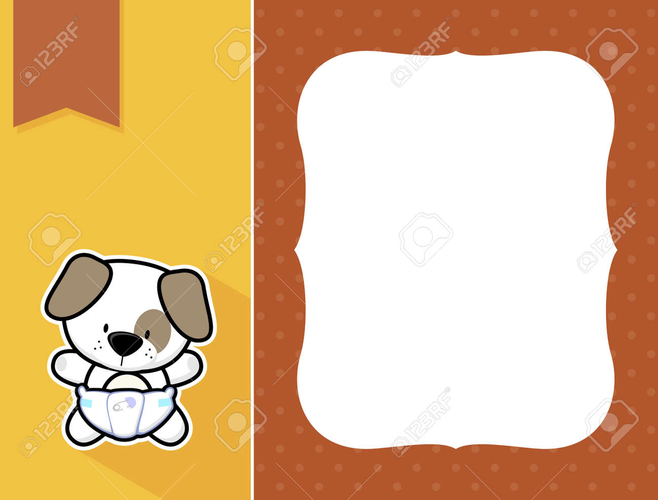 おむつ 黒と白枠のステッカーと誕生お知らせのテキスト 図または装飾的なフレームと招待状の空白のようなかわいい赤ちゃん子犬のイラスト素材 ベクタ Image