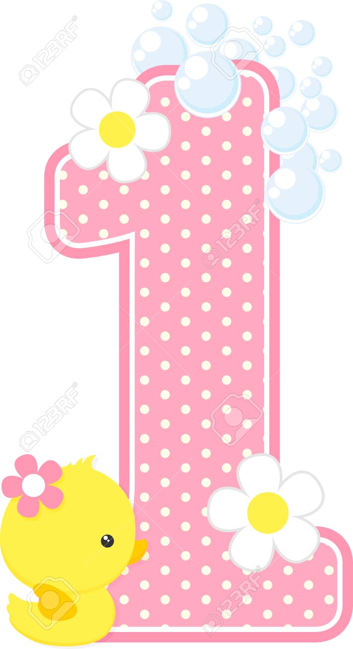 number 1 with bubbles and cute rubber duck isolated on white cute baby girl announcements