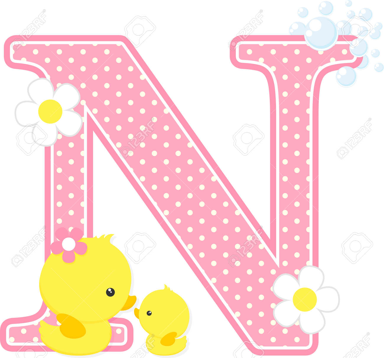 pink dotted letter n initial with flowers and bubbles design royalty bubbles design