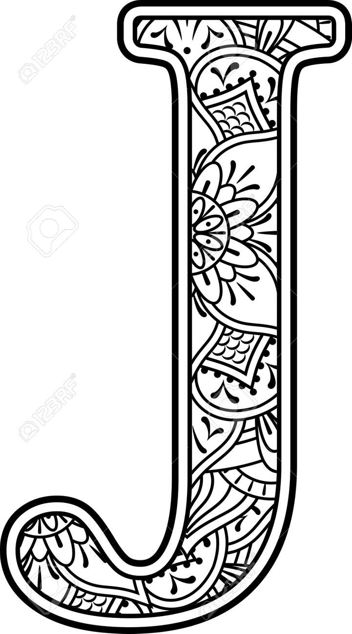 initial j in black and white with doodle ornaments and design elements from mandala art style for coloring. Isolated on white background - 131793221 initial j in black and white with doodle ornaments and design elements from mandala art style for coloring. Isolated on white background - 131793221
