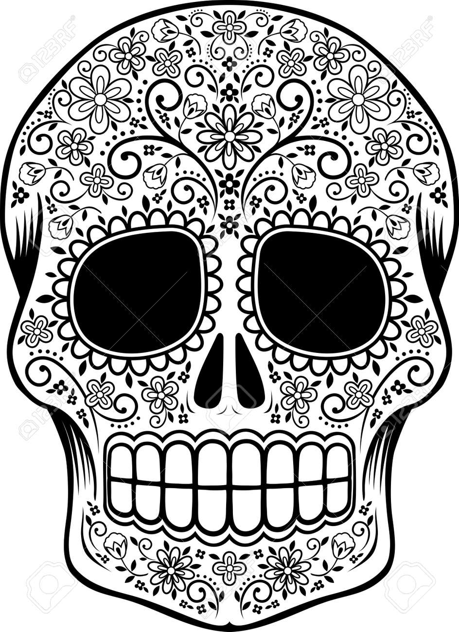 Mexican Sugar Skull With Flowers And Design Elements Isolated - Mexican Sugar Skull With Flowers And Design Elements Isolated