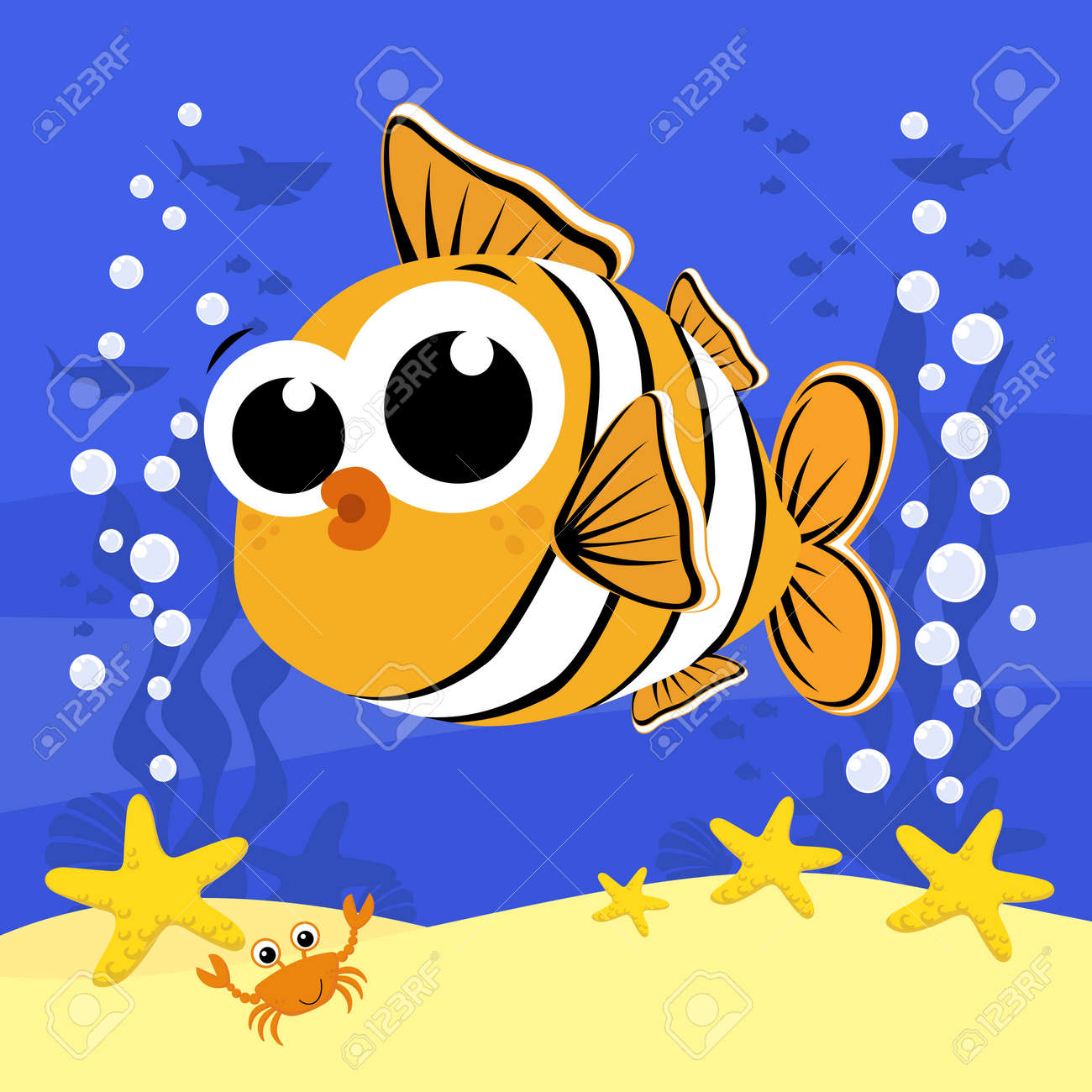 Cute Baby Clownfish Cartoon Illustration With Bubbles And Under The Sea Background Design For Baby And Child Royalty Free Svg Cliparts Vectors And Stock Illustration Image