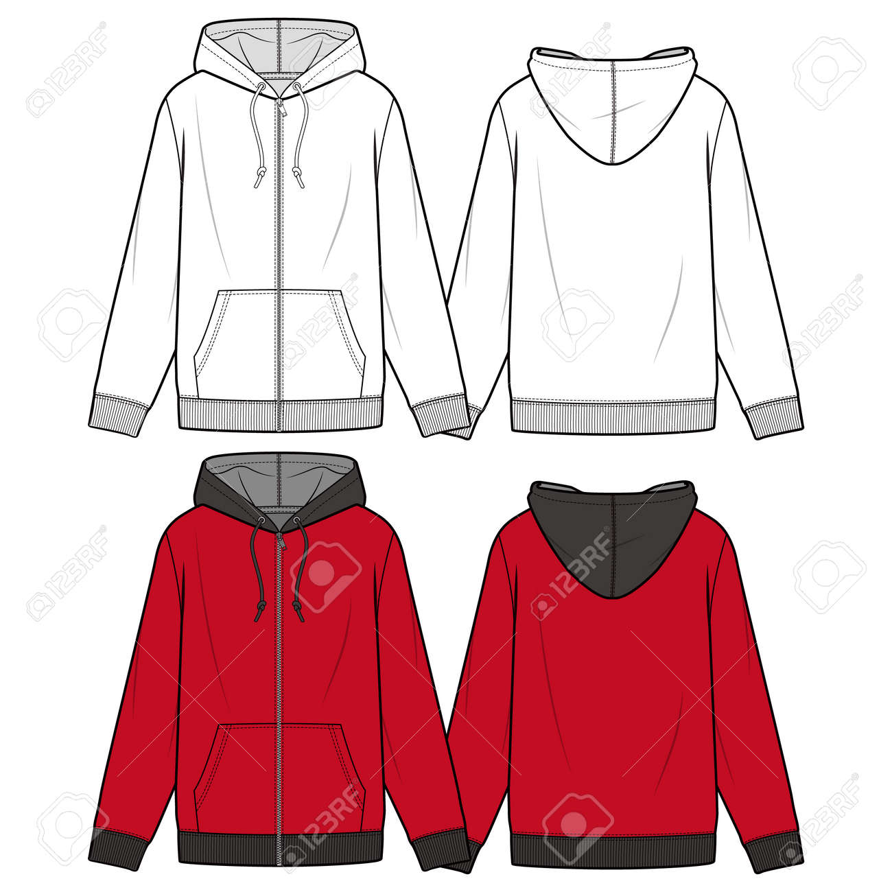zip up hoodie fashion flat sketch template zip up hoodie template