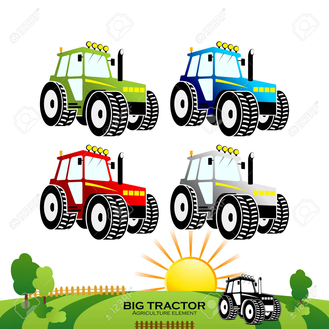株 太陽の光の下の収穫で異なる色のベクトル大きなトラクター イラスト のイラスト素材 ベクタ Image