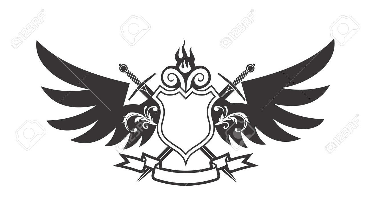 vector monochrome modern cartoon shield emblem with wings cross