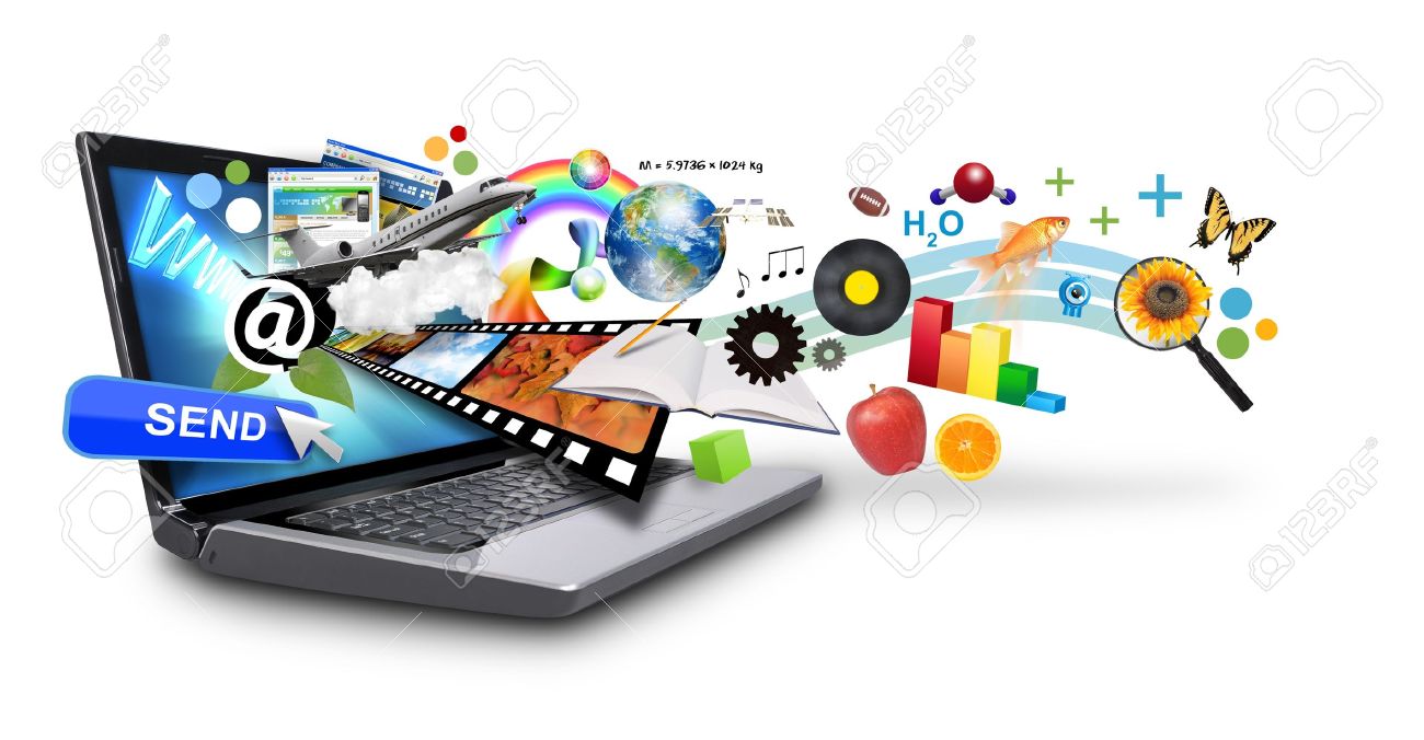An isolated laptop has many objects projecting out of the screen on a white background Use it for an email download concept or internet research idea - 13882989 An isolated laptop has many objects projecting out of the screen on a white background Use it for an email download concept or internet research idea - 13882989