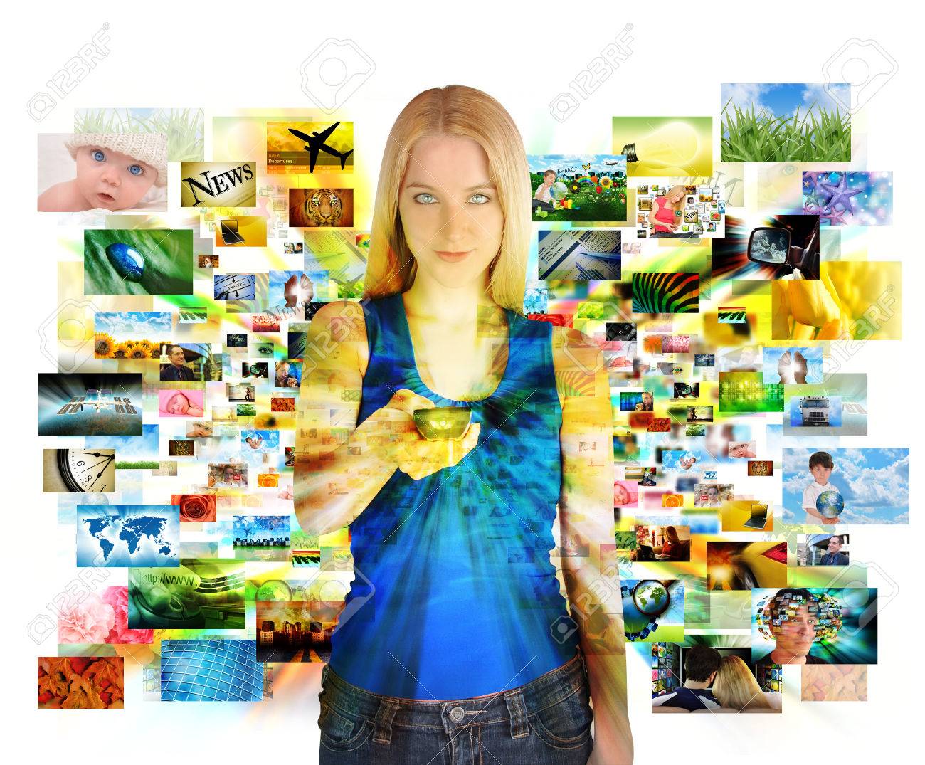 女の子は 白い背景と エンターテイメントやメディアの概念を用いたテレビジョンから様々 な画像のチャンネルを見てリモート コントロール の写真素材 画像素材 Image