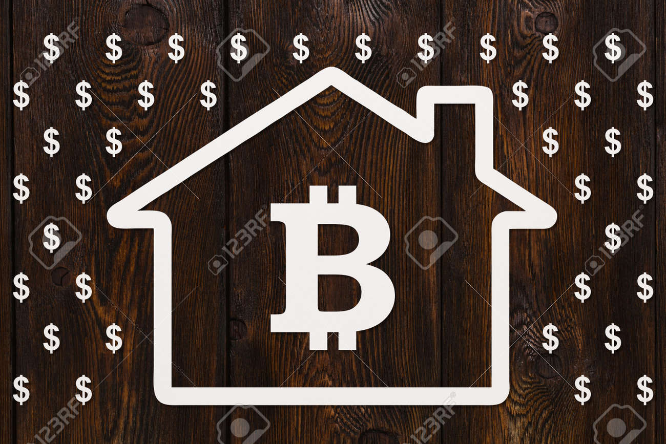 내부에 비트코인이 있고 나무 배경 추상 암호화폐 개념에 달러 비가 내리는 종이 집 로열티 무료 사진, 그림, 이미지 그리고  스톡포토그래피. Image 96989188