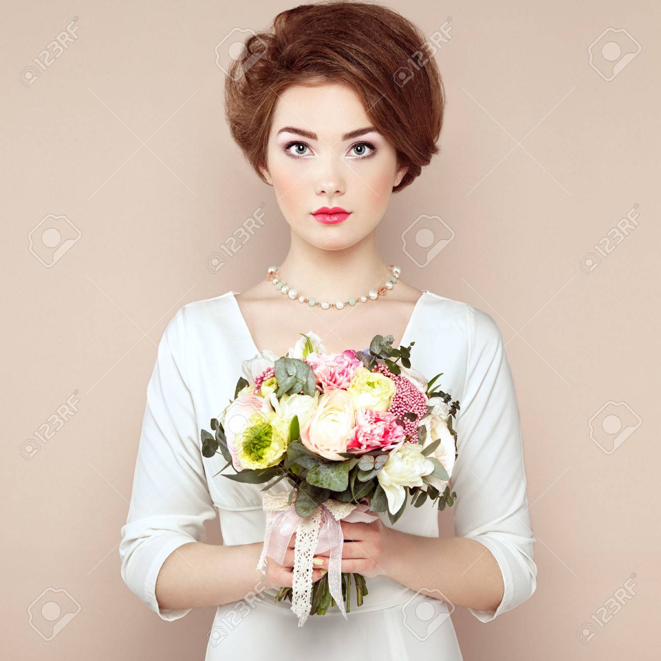 Woman With Bouquet Of Flowers In Her Hands Flowers Spring Bride March 8 Fashion Photo Stock Photo Picture And Royalty Free Image Image