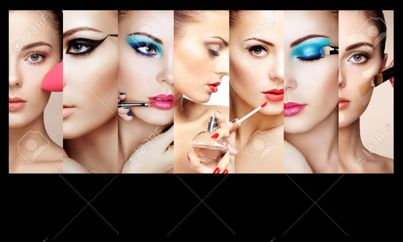 Beauty collage. Faces of women. Fashion photo. Makeup artist applies lipstick and eye shadow. Woman applying perfume - 60752562 Beauty collage. Faces of women. Fashion photo. Makeup artist applies lipstick and eye shadow. Woman applying perfume - 60752562