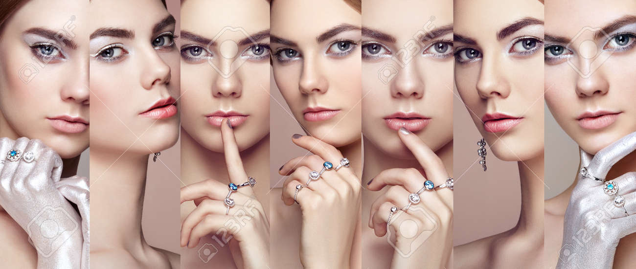 Beauty collage. Faces of women. Fashion portrait of young beautiful woman with jewelry. Blonde girl. Perfect make-up. Beauty style woman with diamond accessories - 64064026 Beauty collage. Faces of women. Fashion portrait of young beautiful woman with jewelry. Blonde girl. Perfect make-up. Beauty style woman with diamond accessories - 64064026