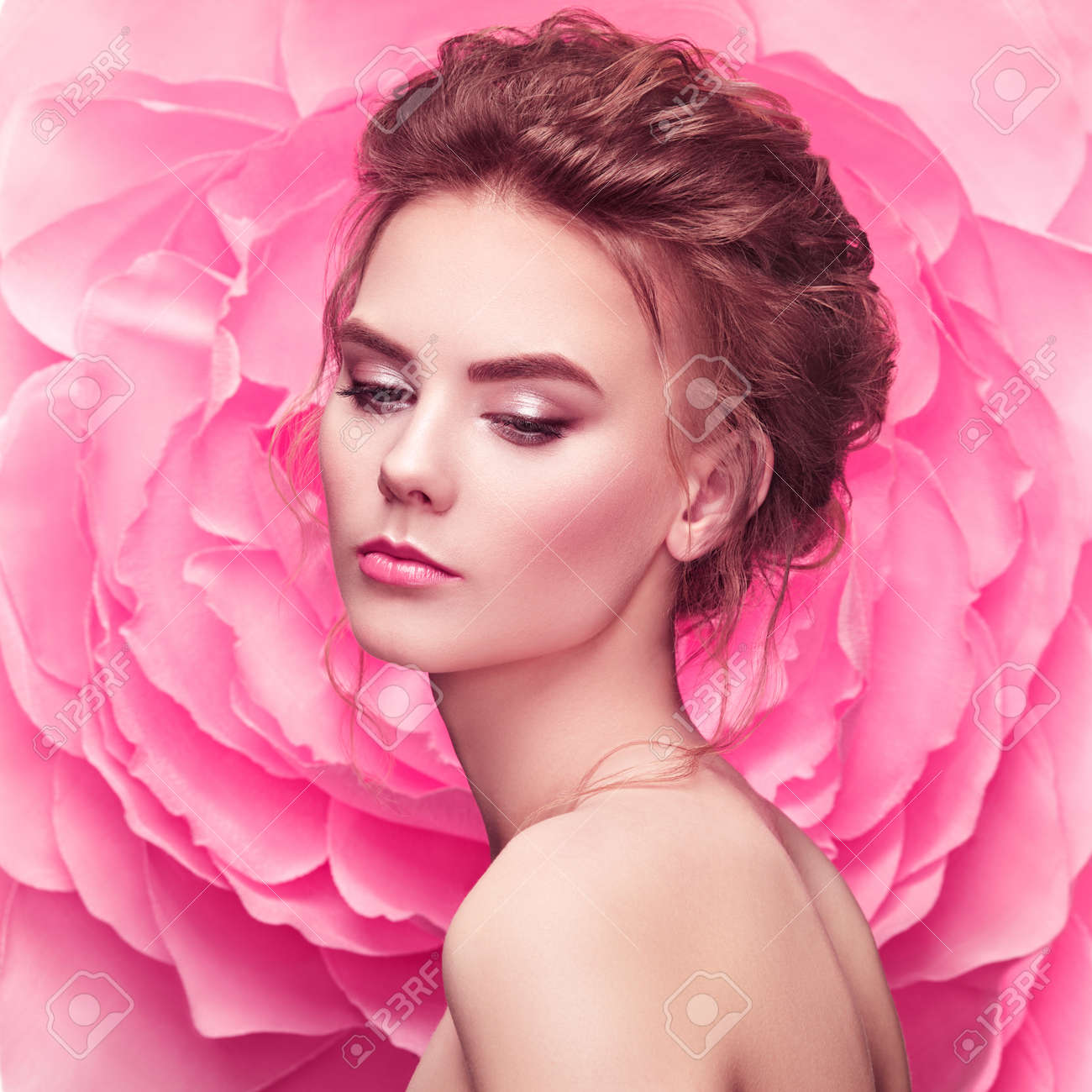 Beautiful woman on the background of a large flower. Beauty summer model girl with pink peony. Young woman with elegant hairstyle and makeup. Fashion photo - 78843194 Beautiful woman on the background of a large flower. Beauty summer model girl with pink peony. Young woman with elegant hairstyle and makeup. Fashion photo - 78843194