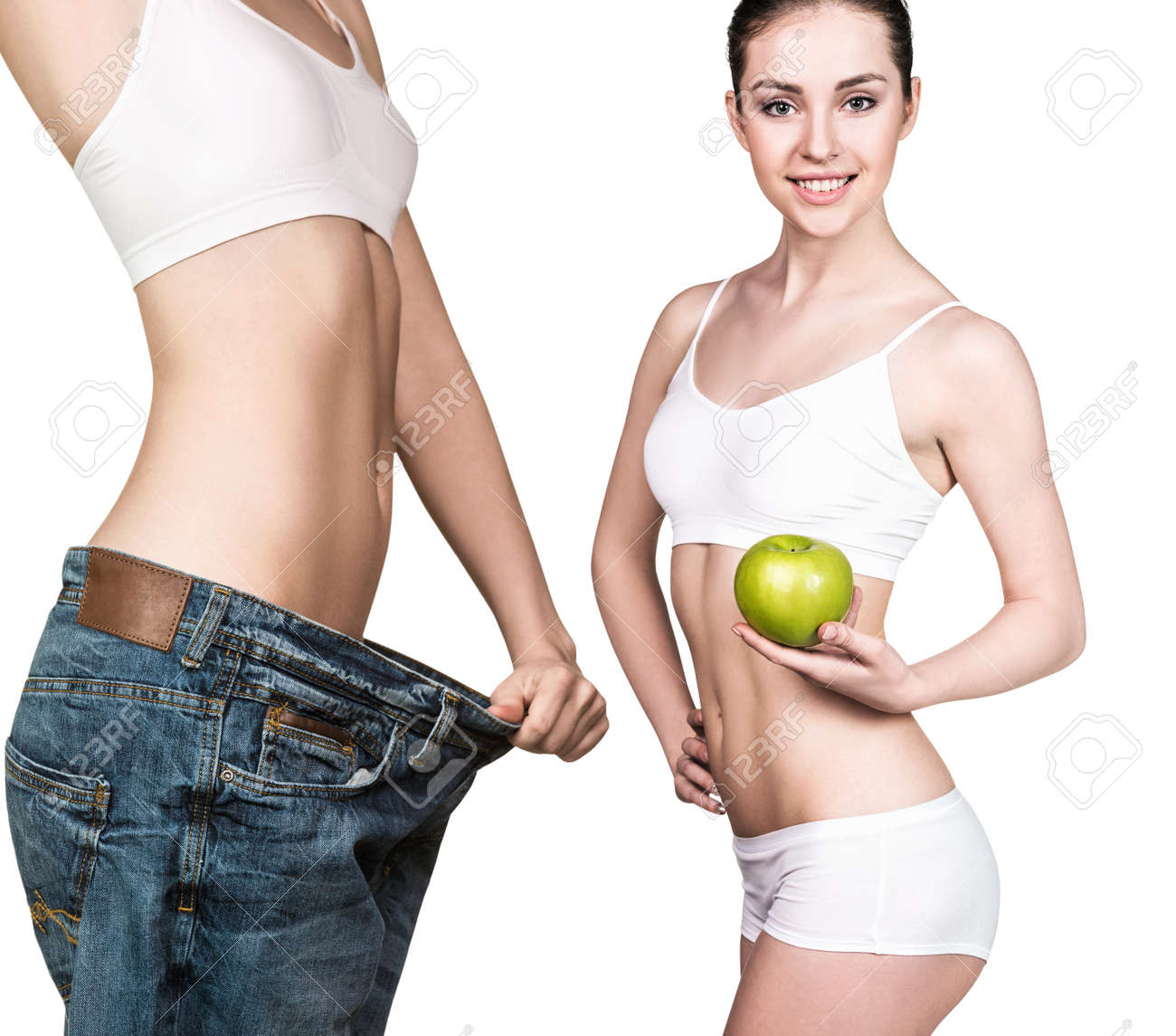 Vaqueros Los Pantalones De Que Tamaño Fondo Blanco El Joven Sobre Mujer Manzana Lleva Y Gran Una Delgada Sostiene xoBeCrd