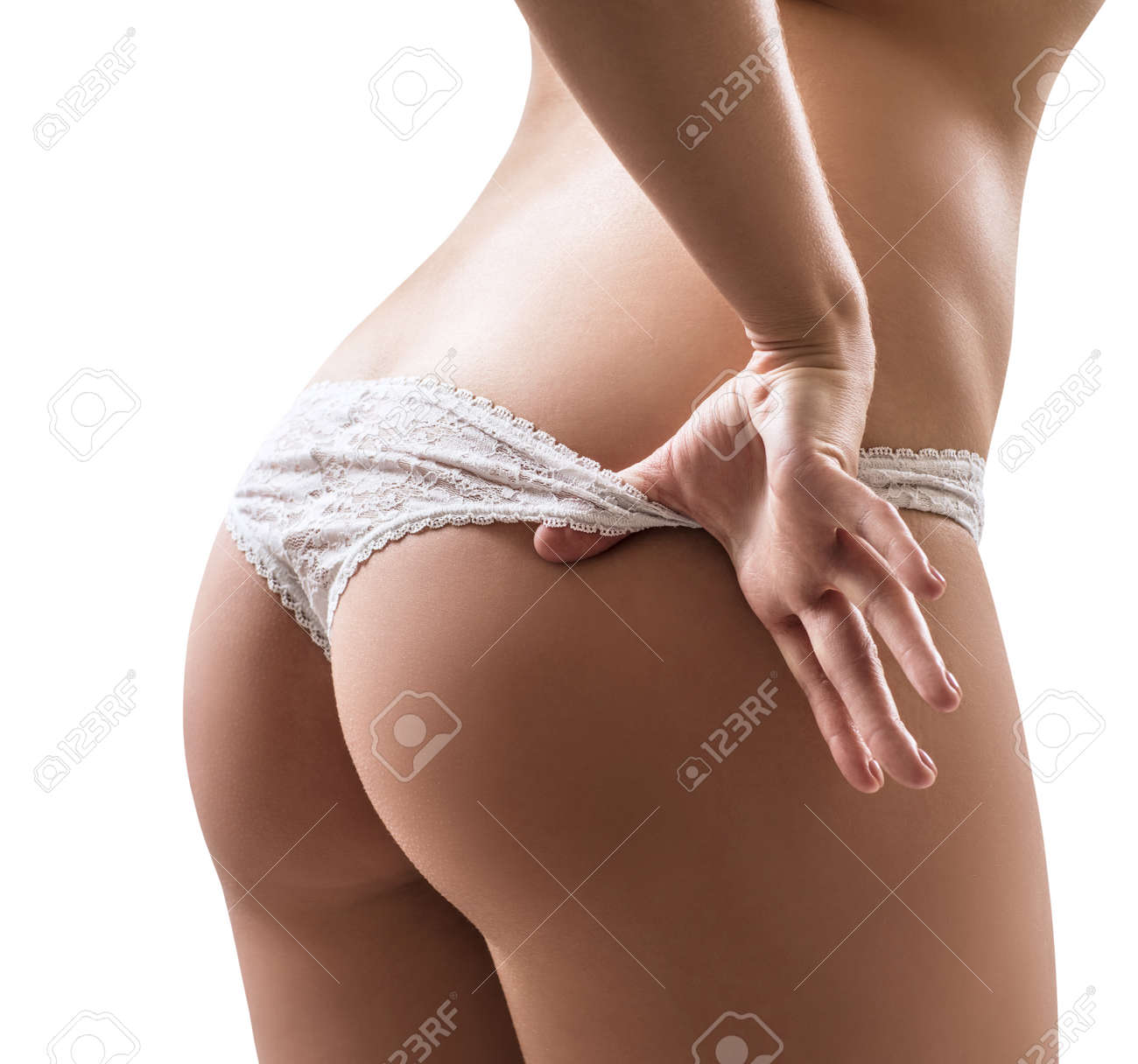 Sexy Beautiful Woman Taking Off Her Lace Panties. Stock Photo