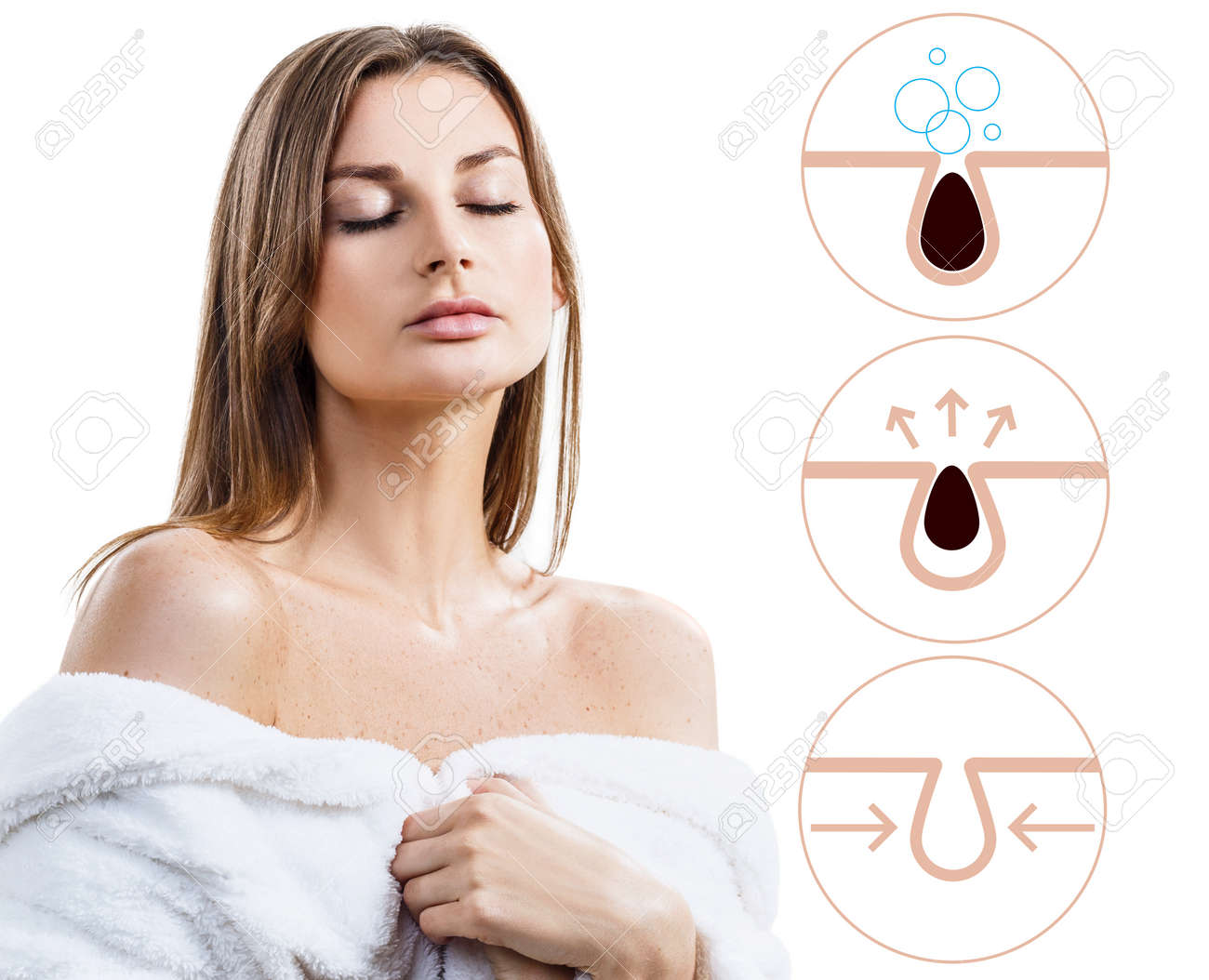 若い女性は 顔の毛穴を汚染し きれいにする方法を示しています の写真素材 画像素材 Image